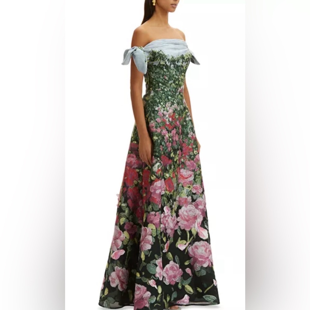Oscar de la Renta Off-Shoulder Floral Maxi Dress in Black, Pink, Green - Picture 2 of 16